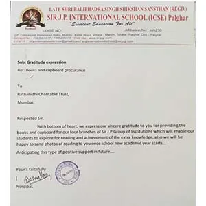 Gratitude Expression - Principal, Sir. J. P. International School, Palghar